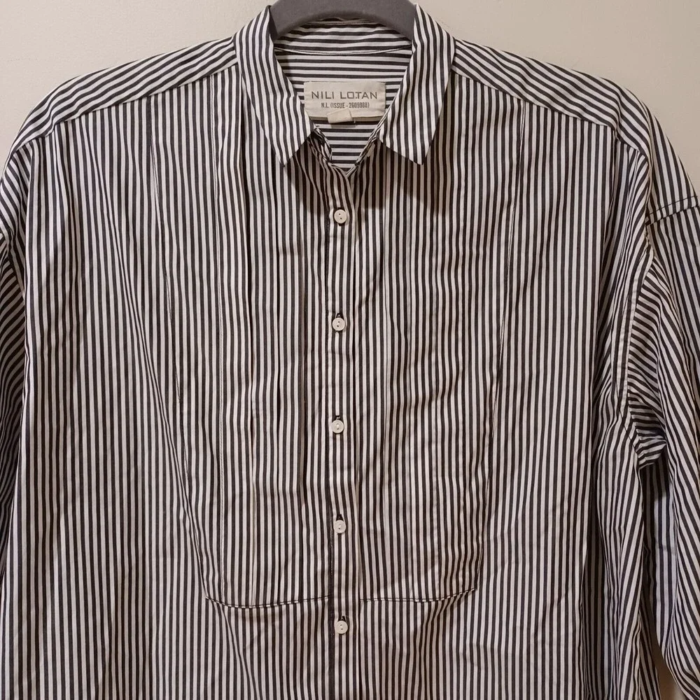 Nili Lotan 3/4 Sleeve Navy Blue Stripe Button Down Relaxed Boxy Fit Shirt XS - Picture 3 of 9